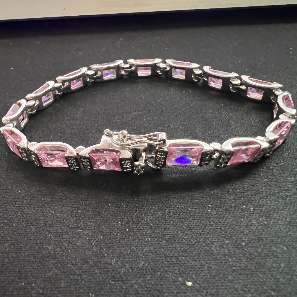 Silver Tone Pink Baguette Clear Rhinestone Silver Tone Bracelet